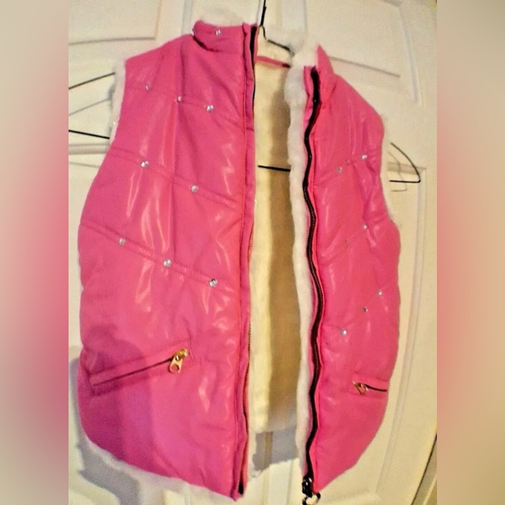Girls Children’s Place Pink/White Stud Puffer Vest Reversible Fur Glitter S 5/6